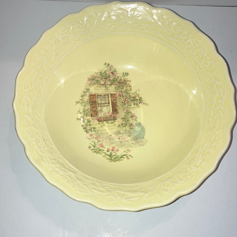 Vintage Faint Yellow‎ Serving Bowl with Cottage Window Design
